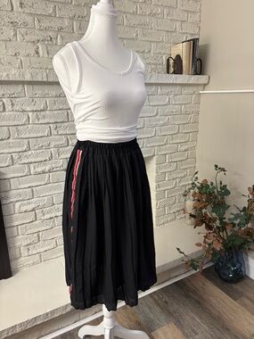 Zara Black Midi Skirt with Red & White Stripe Detail Size Medium